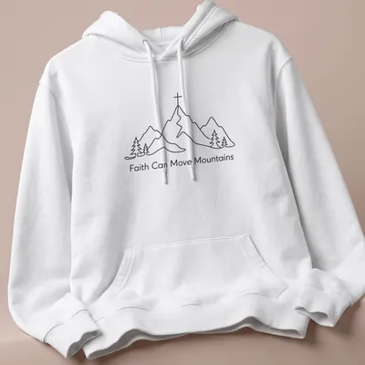 Minimal line art featuring mountains and pine trees with inspirational text. — printed on a unisex hoodie