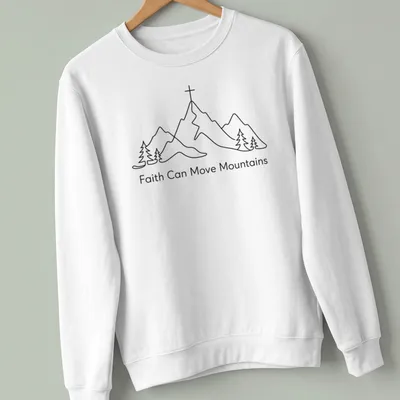 Minimal line art featuring mountains and pine trees with inspirational text. — printed on a unisex sweatshirt