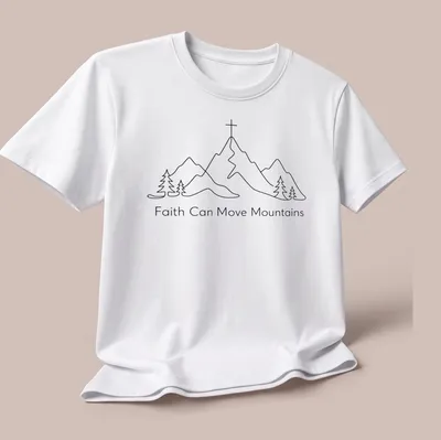 Minimal line art featuring mountains and pine trees with inspirational text. — printed on a unisex t-shirt (angled view)