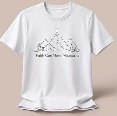 Minimal line art featuring mountains and pine trees with inspirational text.