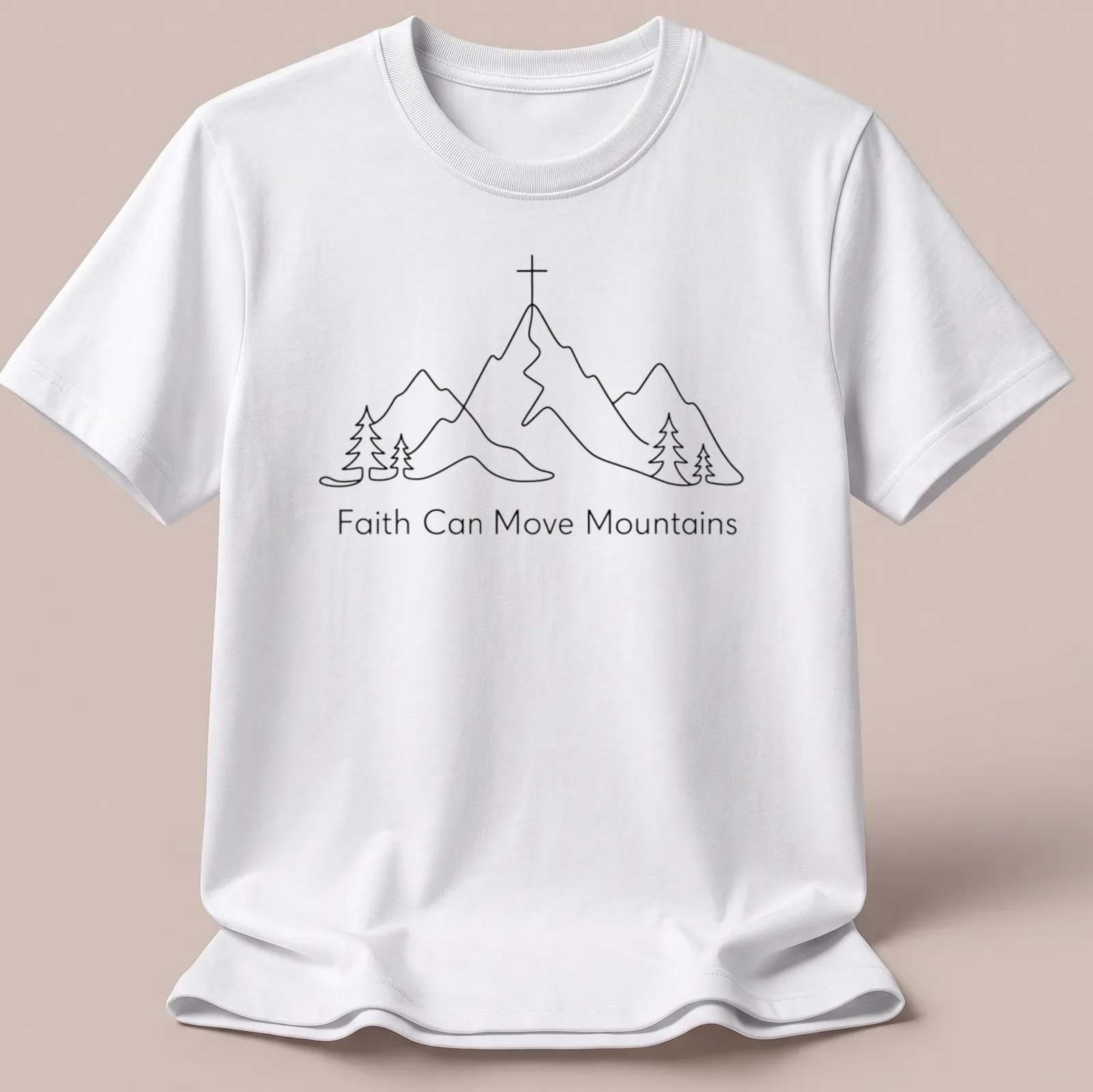 Minimal line art featuring mountains and pine trees with inspirational text. — printed on a unisex t-shirt