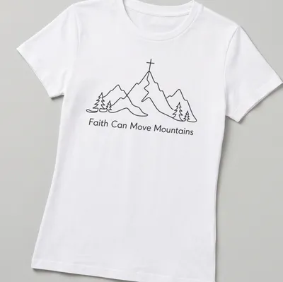 Minimal line art featuring mountains and pine trees with inspirational text. — printed on a women's shirt