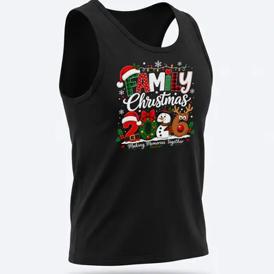 Colorful cartoon Christmas shirt with snowman and reindeer and FAMILY 2026 text — printed on a tank top