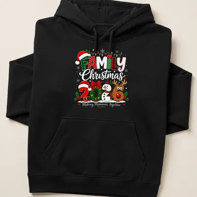 Colorful cartoon Christmas shirt with snowman and reindeer and FAMILY 2026 text — printed on a unisex hoodie