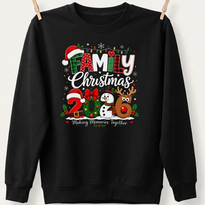 Colorful cartoon Christmas shirt with snowman and reindeer and FAMILY 2026 text — printed on a unisex sweatshirt
