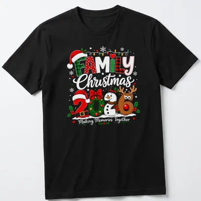 Colorful cartoon Christmas shirt with snowman and reindeer and FAMILY 2026 text
