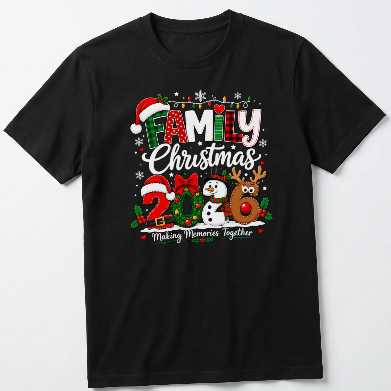 Colorful cartoon Christmas shirt with snowman and reindeer and FAMILY 2026 text — printed on a unisex t-shirt