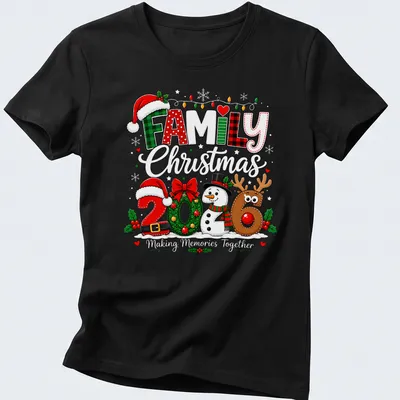 Colorful cartoon Christmas shirt with snowman and reindeer and FAMILY 2026 text — printed on a women's shirt