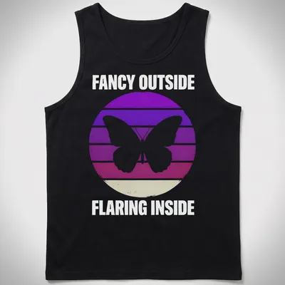 Retro butterfly graphic with the phrase Fancy Outside Flaring Inside in purple, pink, white, and beige. — printed on a tank top