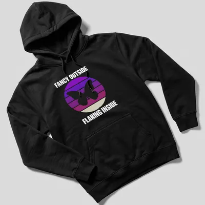 Retro butterfly graphic with the phrase Fancy Outside Flaring Inside in purple, pink, white, and beige. — printed on a unisex hoodie