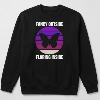 Retro butterfly graphic with the phrase Fancy Outside Flaring Inside in purple, pink, white, and beige. — printed on a unisex sweatshirt