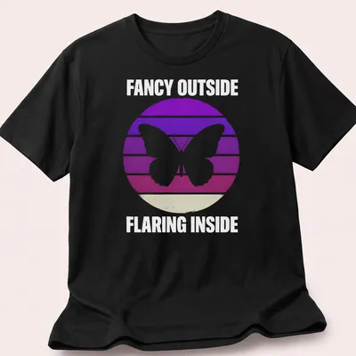 Retro butterfly graphic with the phrase Fancy Outside Flaring Inside in purple, pink, white, and beige.