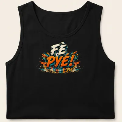 Bold graphic t-shirt featuring 'FÈ PYÉ!' with colorful explosion design — printed on a tank top