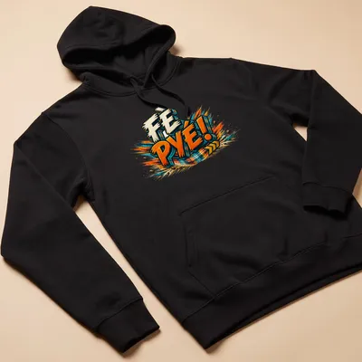 Bold graphic t-shirt featuring 'FÈ PYÉ!' with colorful explosion design — printed on a unisex hoodie