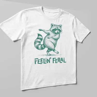 Green vintage illustration of a playful raccoon with the text 'Feelin' Feral' — printed on a unisex t-shirt (angled view)