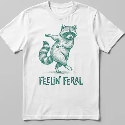 Green vintage illustration of a playful raccoon with the text 'Feelin' Feral'