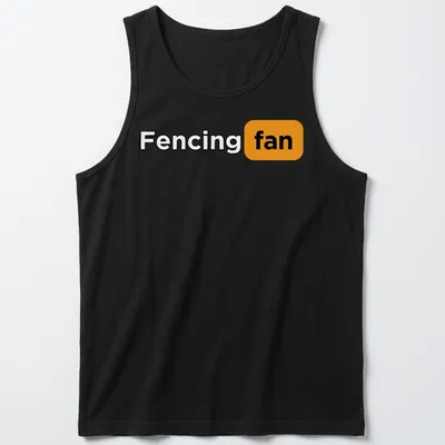 Fencing Fan t-shirt with bold typography in black, orange, and white — printed on a tank top