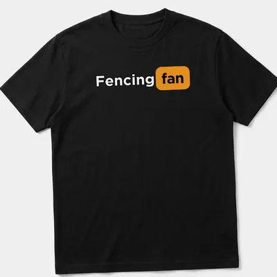 Fencing Fan t-shirt with bold typography in black, orange, and white