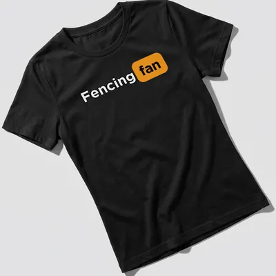 Fencing Fan t-shirt with bold typography in black, orange, and white — printed on a women's shirt