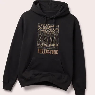 Vintage western Feverstone Outlaws t-shirt showcasing bold text and outlaw imagery — printed on a unisex hoodie