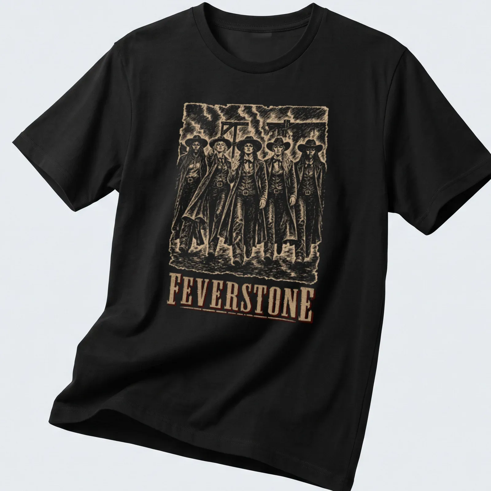 Vintage western Feverstone Outlaws t-shirt showcasing bold text and outlaw imagery — printed on a unisex t-shirt
