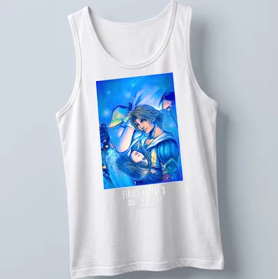 Vibrant anime graphic of Tidus and Yuna from Final Fantasy X on a black — printed on a tank top