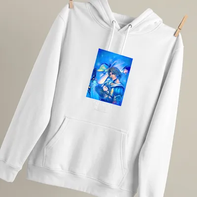 Vibrant anime graphic of Tidus and Yuna from Final Fantasy X on a black — printed on a unisex hoodie