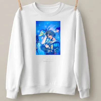 Vibrant anime graphic of Tidus and Yuna from Final Fantasy X on a black — printed on a unisex sweatshirt