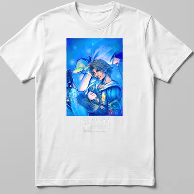 Vibrant anime graphic of Tidus and Yuna from Final Fantasy X on a black T-shirt