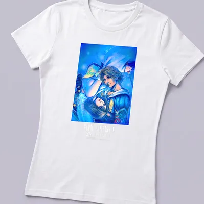 Vibrant anime graphic of Tidus and Yuna from Final Fantasy X on a black — printed on a women's shirt