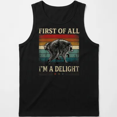 Vintage distressed t-shirt featuring a playful raccoon and humorous text. — printed on a tank top