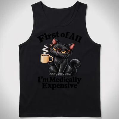 Cartoon black cat with text about being medically expensive on a — printed on a tank top