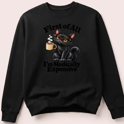 Cartoon black cat with text about being medically expensive on a — printed on a unisex sweatshirt