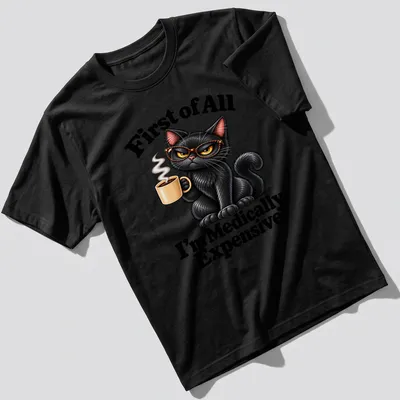 Cartoon black cat with text about being medically expensive on a — printed on a unisex t-shirt