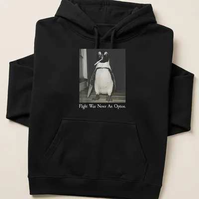 A humorous illustration of a smoking penguin with text about flying in black, white, and gray. — printed on a unisex hoodie