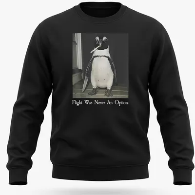 A humorous illustration of a smoking penguin with text about flying in black, white, and gray. — printed on a unisex sweatshirt