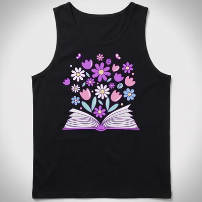Kawaii line-art t-shirt featuring an open book with colorful flowers — printed on a tank top