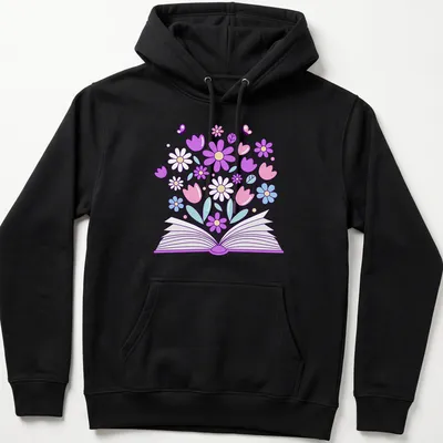 Kawaii line-art t-shirt featuring an open book with colorful flowers — printed on a unisex hoodie