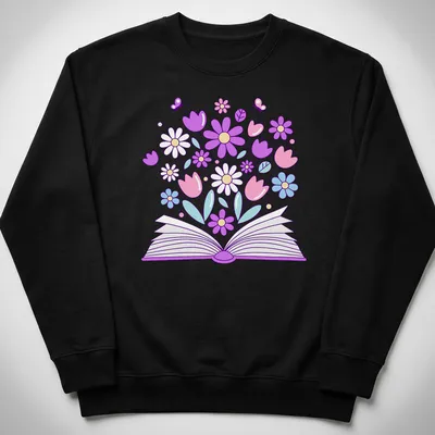 Kawaii line-art t-shirt featuring an open book with colorful flowers — printed on a unisex sweatshirt