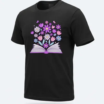 Kawaii line-art t-shirt featuring an open book with colorful flowers