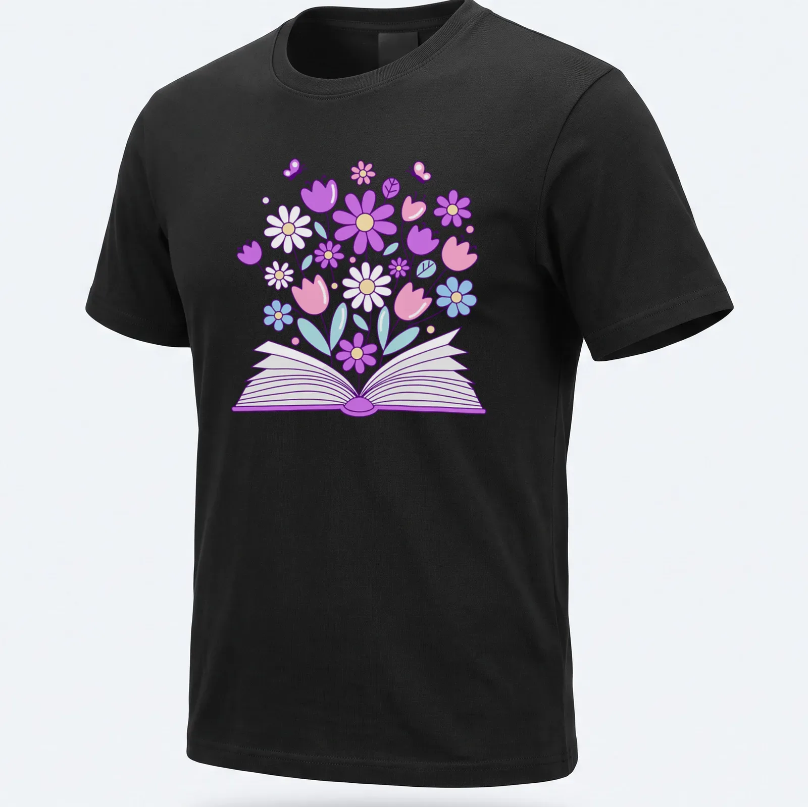 Kawaii line-art t-shirt featuring an open book with colorful flowers — printed on a unisex t-shirt