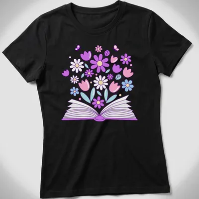 Kawaii line-art t-shirt featuring an open book with colorful flowers — printed on a women's shirt