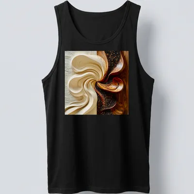 Abstract flowing patterns in brown, gold, cream, and white on a modern — printed on a tank top