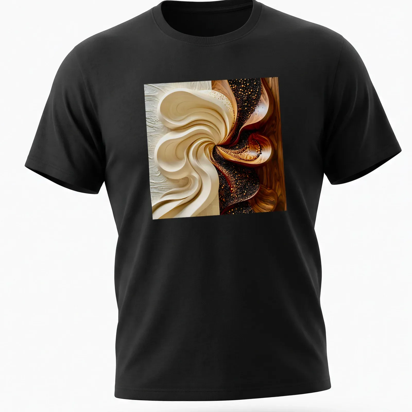 Abstract flowing patterns in brown, gold, cream, and white on a modern — printed on a unisex t-shirt