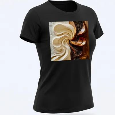 Abstract flowing patterns in brown, gold, cream, and white on a modern — printed on a women's shirt