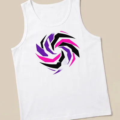 Abstract geometric swirl design in black, pink, purple, and white — printed on a tank top