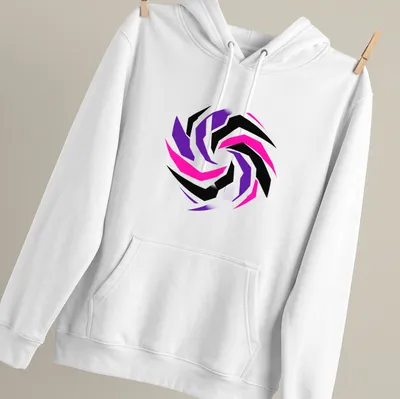 Abstract geometric swirl design in black, pink, purple, and white — printed on a unisex hoodie