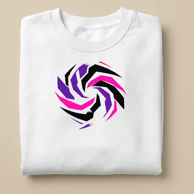 Abstract geometric swirl design in black, pink, purple, and white — printed on a unisex sweatshirt