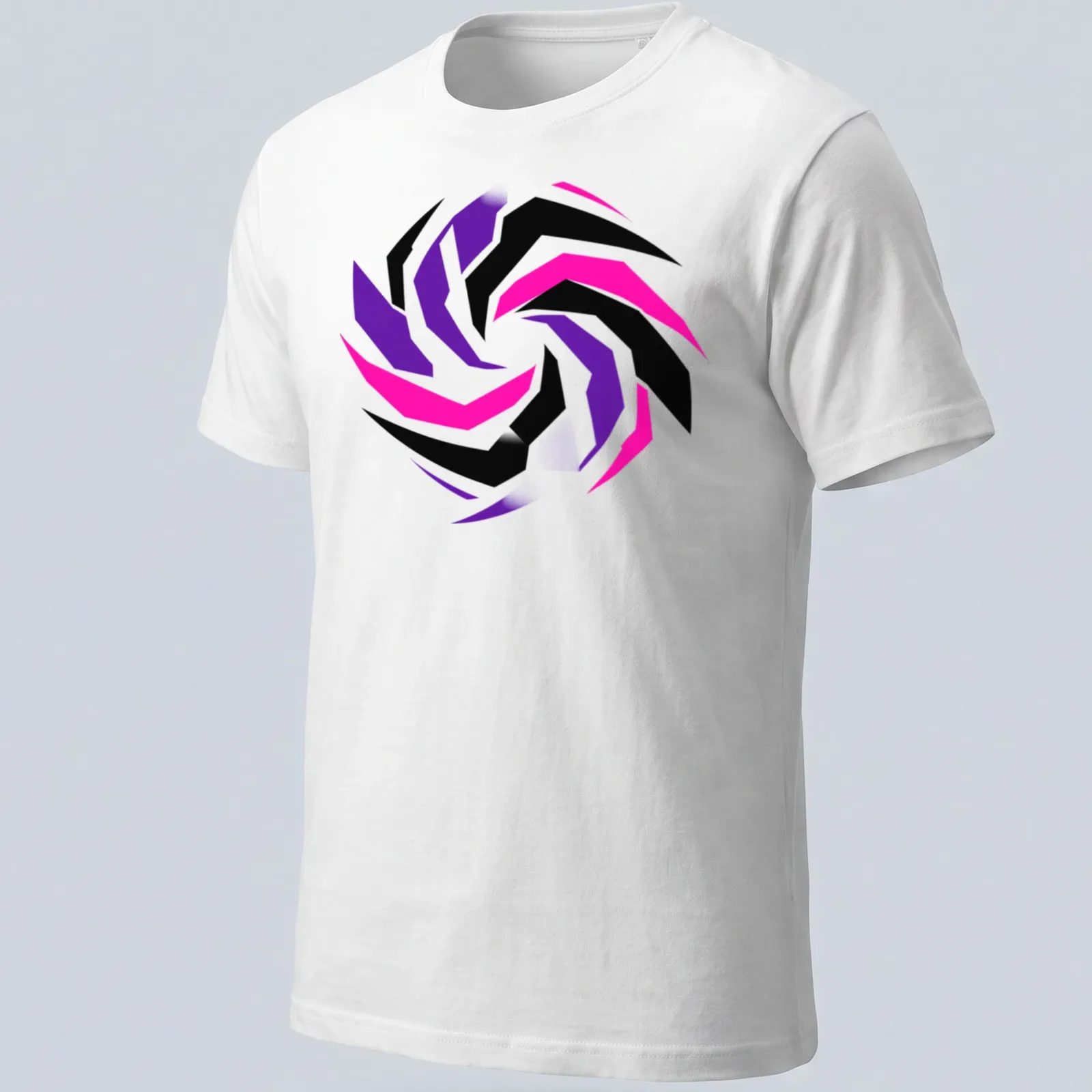 Abstract geometric swirl design in black, pink, purple, and white — printed on a unisex t-shirt