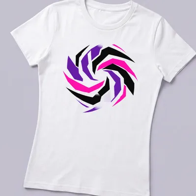 Abstract geometric swirl design in black, pink, purple, and white — printed on a women's shirt